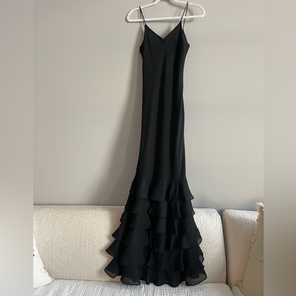 Vintage 90s Niki Livas Black Formal Slip Dress with Ruffles | Y2K